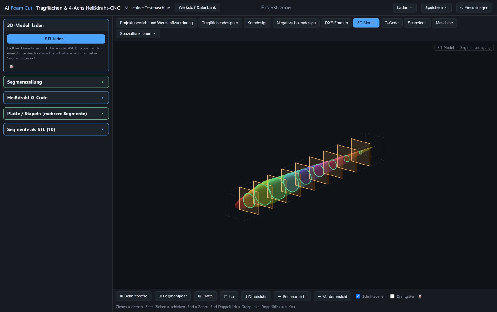 Reiter 3D-Modell: Rumpf in zehn Querschnitte zerlegt mit Schnittebenen